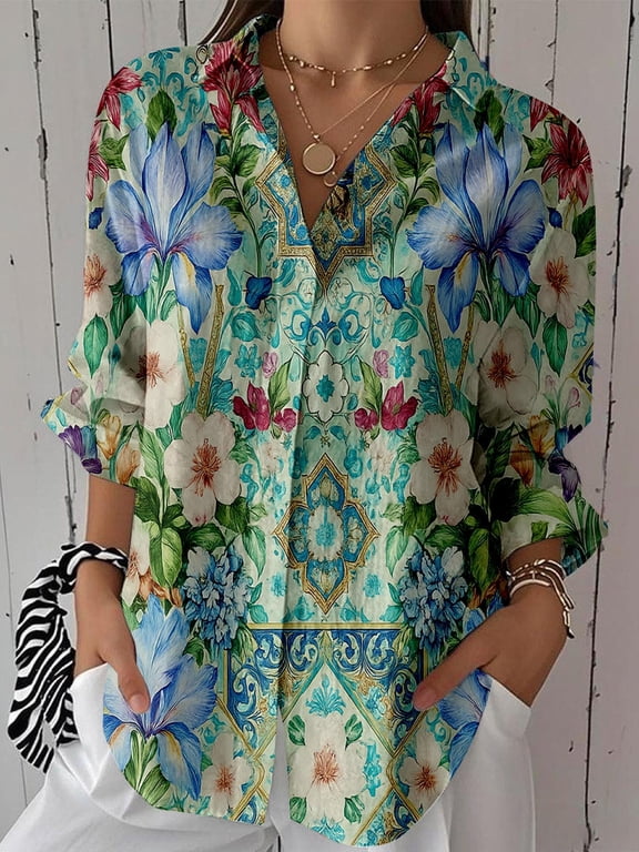 Plus Size Women's Floral Embossed Print Long Sleeve Button Down Casual Shirt