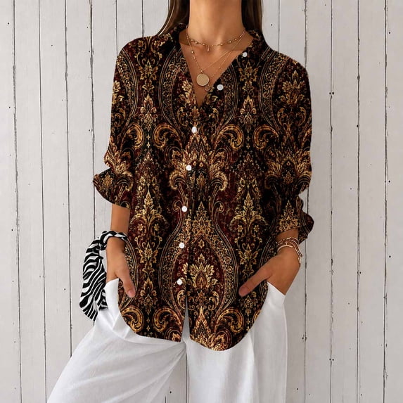 Nyfairy Plus Size Women's Floral Embossed Print Long Sleeve Button Down Casual Shirt