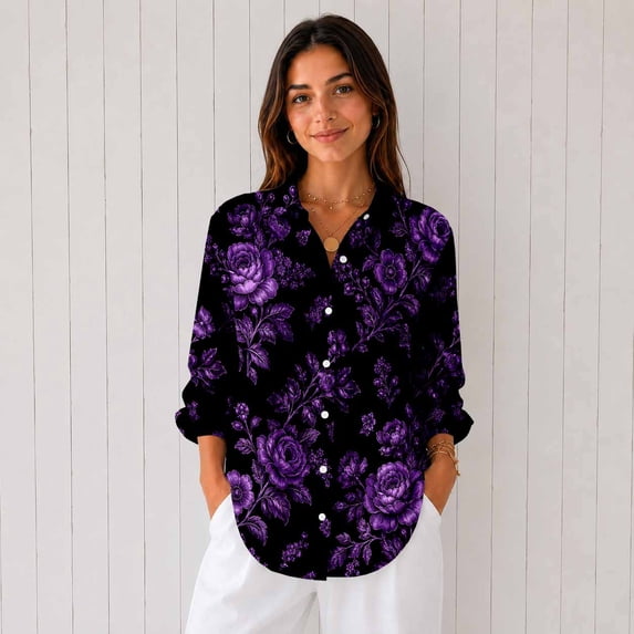 Nyfairy Plus Size Women's Floral Embossed Print Long Sleeve Button Down Casual Shirt