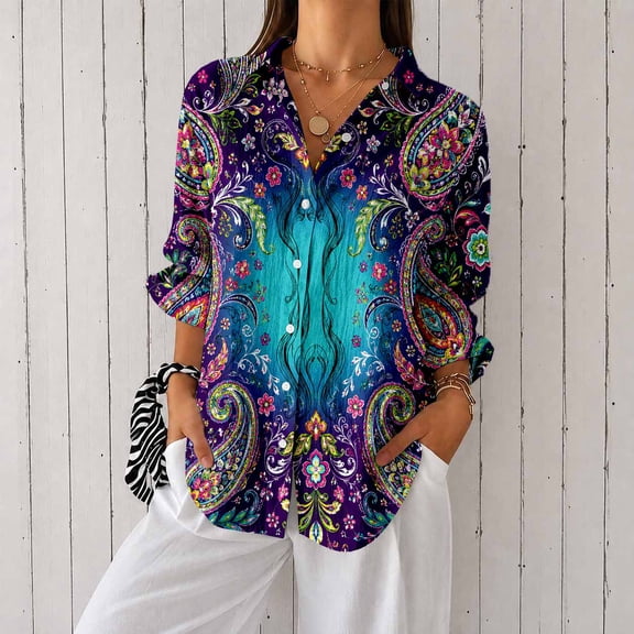 Nyfairy Plus Size Women's Floral Embossed Print Long Sleeve Button Down Casual Shirt