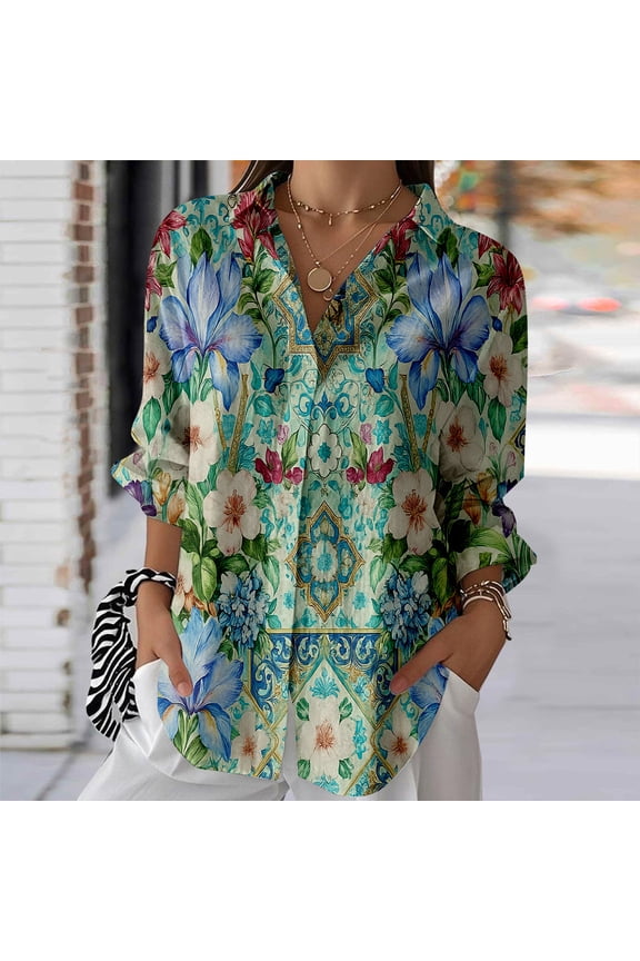 Plus Size Women's Floral Embossed Print Long Sleeve Button Down Casual Shirt