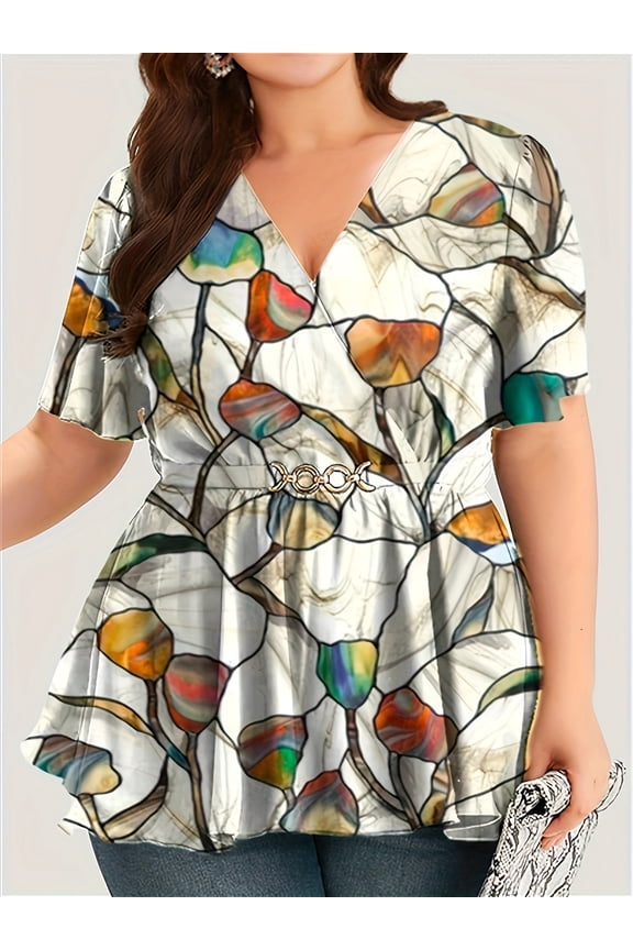 Plus Size Women's Floral Stained Glass Print Peplum Blouse, Short Sleeve V-Neck Wrap Top