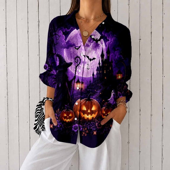 Nyfairy Plus Size Women's Halloween Print Long Sleeve Button Down Casual Shirt