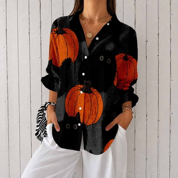 Nyfairy Plus Size Women's Halloween Print Long Sleeve Button Down Casual Shirt