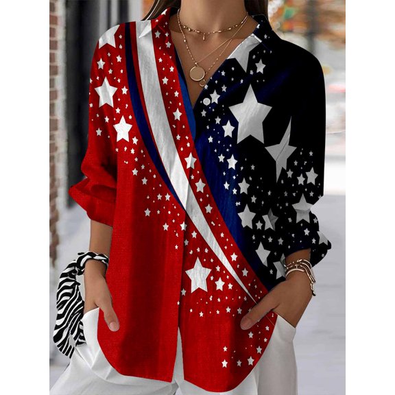 Nyfairy Plus Size Women's Independence Day Print Long Sleeve Button Down V-Neck Casual Shirt