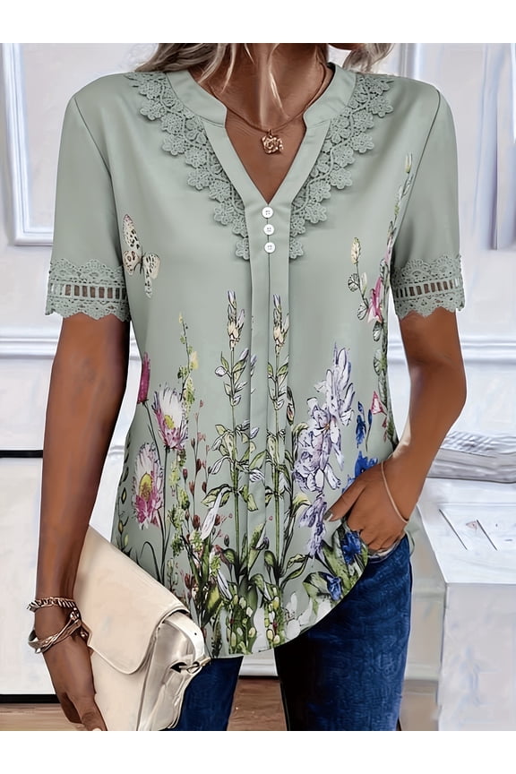 Plus Size Women's Notch Neck Lace Trim Floral Print Casual Short Sleeve Blouse