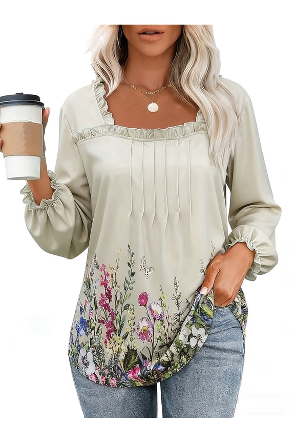 Plus Size Women's Ruffled Square Neck Long Sleeve Floral Print Casual Tunic Top, 2 Patterns