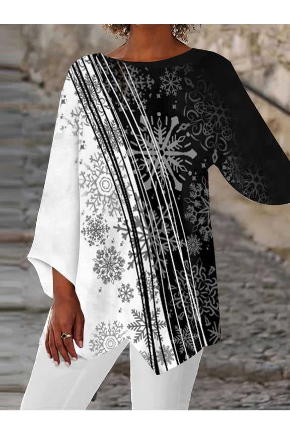 Plus Size Women's Snowflake Print 3/4 Flare Sleeve Asymmetrical Tunic Top
