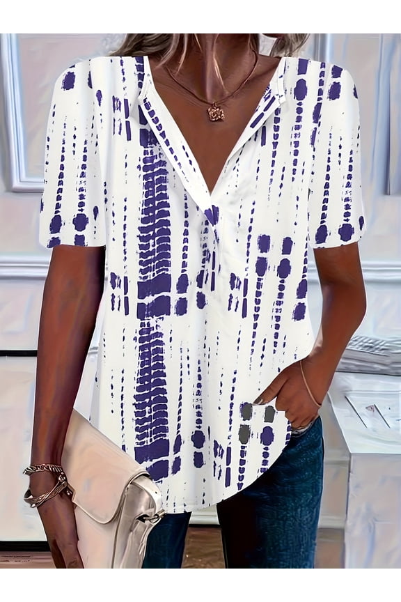 Plus Size Women's Tie Dye Print V Neck Short Sleeve Casual Blouse