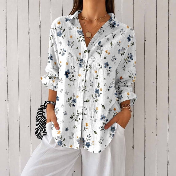 Nyfairy Women Floral Print Button Down Blouse, Long Sleeve Dressy Casual V Neck Loose Fit Shirts