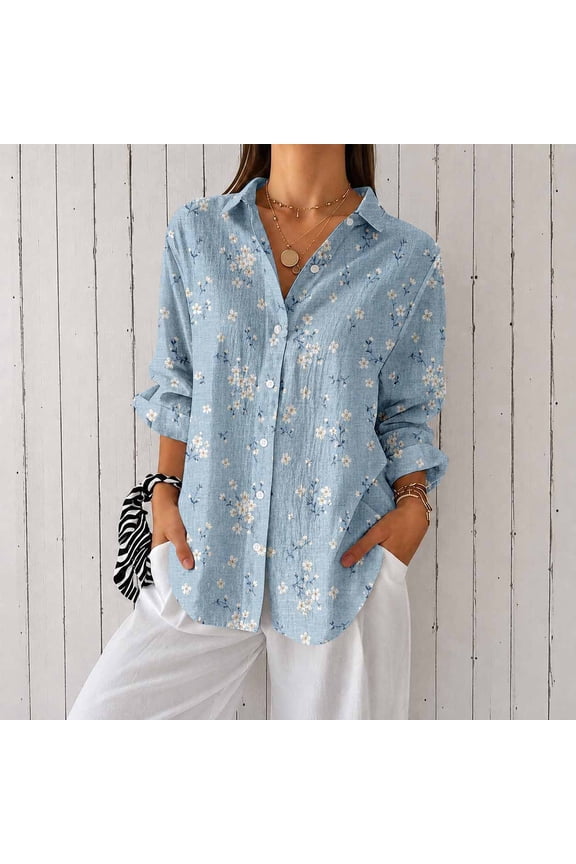 Women Floral Print Button Down Blouse, Long Sleeve Dressy Casual V Neck Loose Fit Shirts