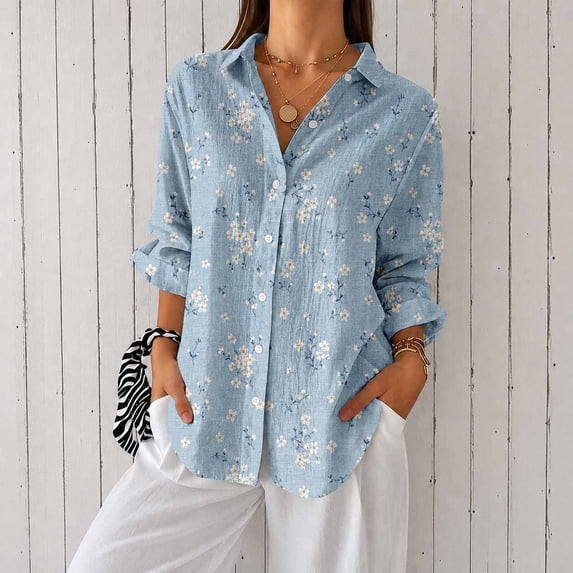 Nyfairy Women Floral Print Button Down Blouse, Long Sleeve Dressy Casual V Neck Loose Fit Shirts