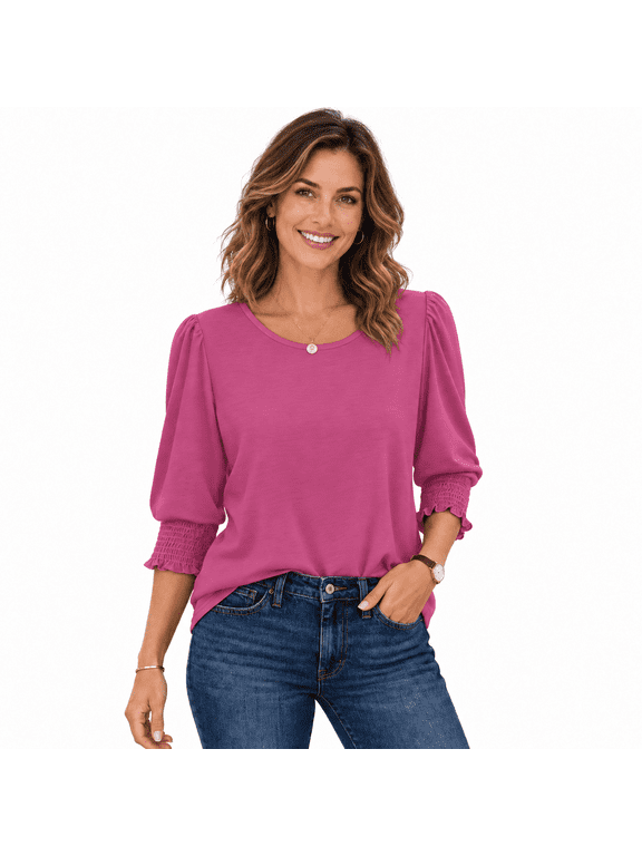 Women's 3/4 Sleeve Round Neck Top, Smocked Cuff Puff Sleeve Casual Blouse, Dusty Rose