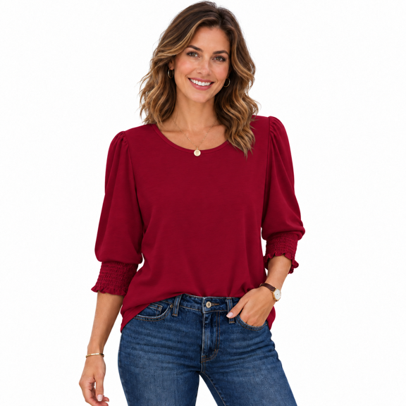 Nyfairy Women's 3/4 Sleeve Round Neck Top, Smocked Cuff Puff Sleeve Casual Blouse, Wine Red