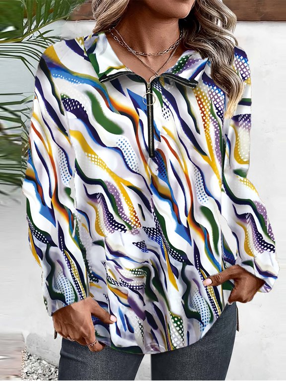 Women's Abstract Wave Print Zipper Neck Long Sleeve Top