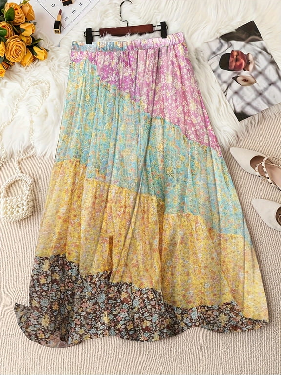 Women's Boho Floral Patchwork High Waist A-Line Maxi Skirt