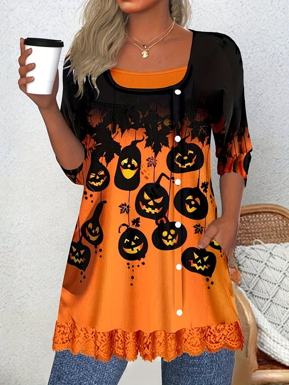 Women's Halloween Pumpkin Print Button Down Tunic Top