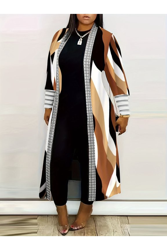 Women's Long Open Front Cardigan Abstract Print Duster Coat
