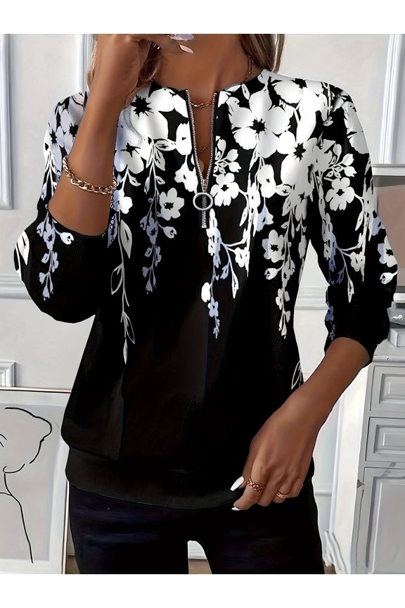 Women’s Floral Half Zip Sweatshirt, Loose Fit Long Sleeve Casual Pullover Top, Soft Lightweight Tunic for Daily Wear