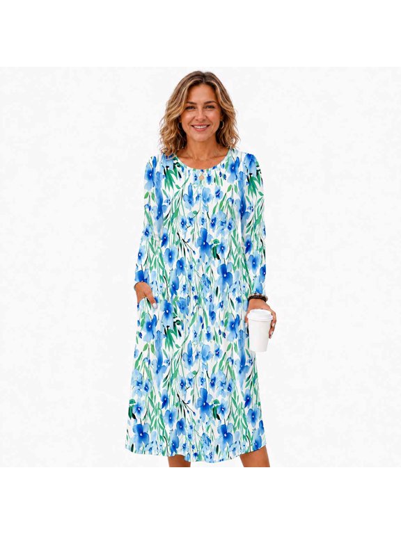 Women's Long Sleeve Printed Swing Dress with Pockets, Casual Loose Fit A Line Midi Dress for Women