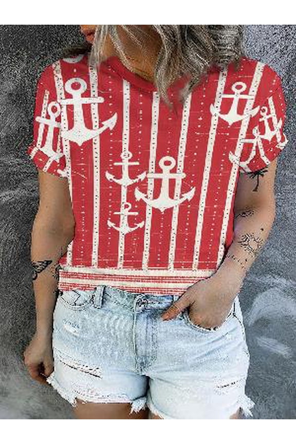 Women's Nautical Anchor Print Short Sleeve V-Neck Summer Top
