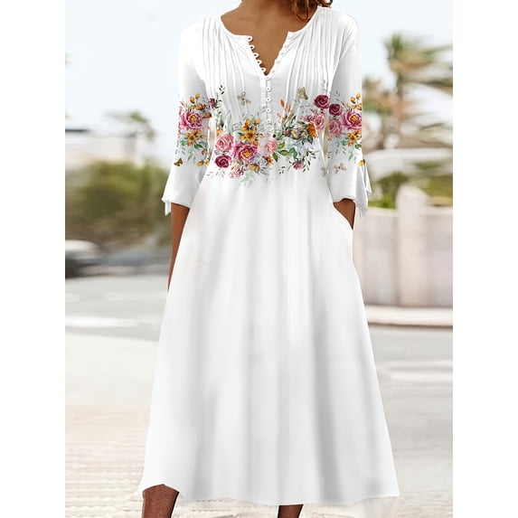 Nyfairy Women's Plus 3/4 Sleeve Floral Print V Neck Midi Dress with Pockets