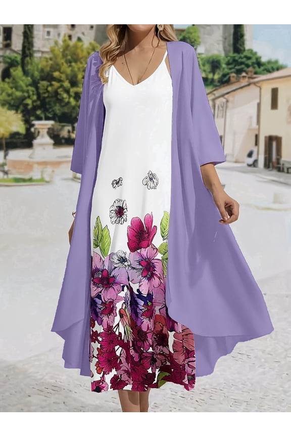 Women's Plus Size 2 Piece Maxi Dress Set, V Neck Spaghetti Strap Flowy A-Line Dress with Sheer Chiffon Open Front Cardigan