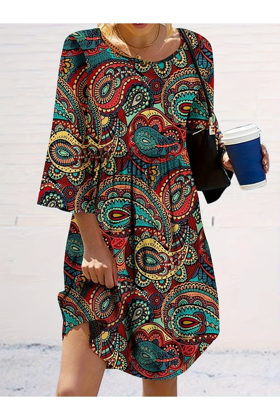 Women's Plus Size 3/4 Sleeve Round Neck T-Shirt Dress, Loose Fit Flowy A-Line Casual Midi Dress for Daily Wear