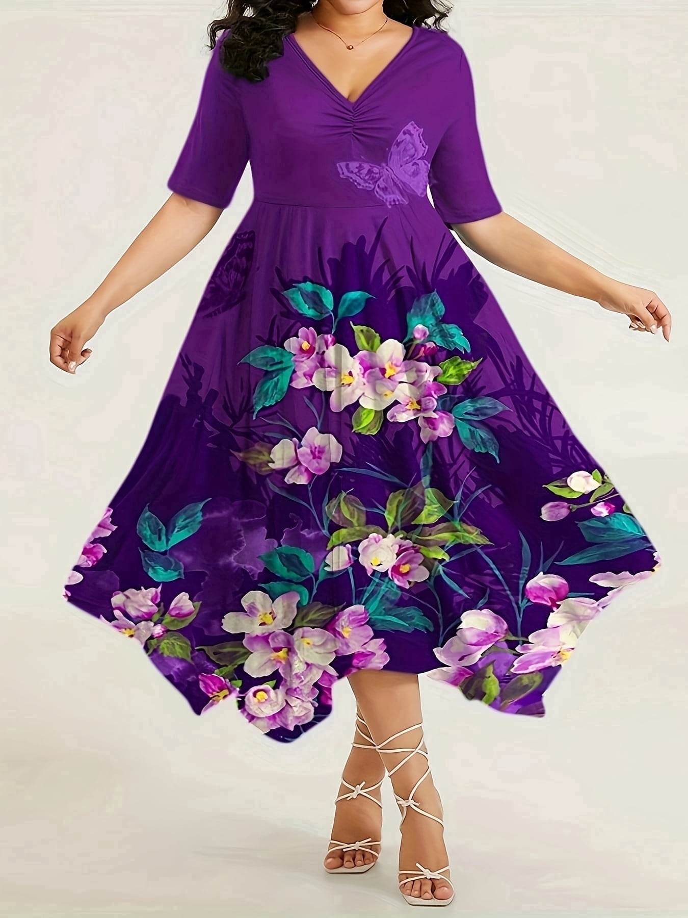 Nyfairy Women's Plus Size 3/4 Sleeve V Neck Ruched Bust Midi Dress, Loose Fit Flowy A-Line Casual Dress
