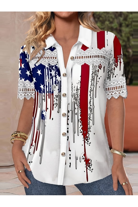 Women's Plus Size 4th of July Button Down Shirt, Short Sleeve Lace Trim Collared Blouse Top