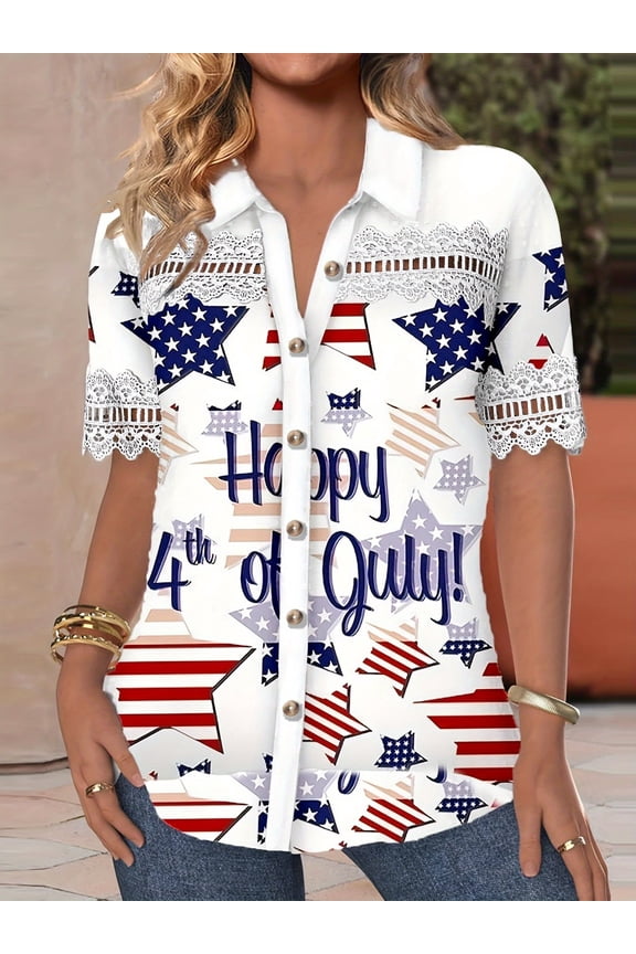 Women's Plus Size Lapel V Neck Lace Splice Short Sleeve 4th Of July Patriotic Star Stripe Printed Button Down Casual Shirt, Independence Day Holiday Blouse Top