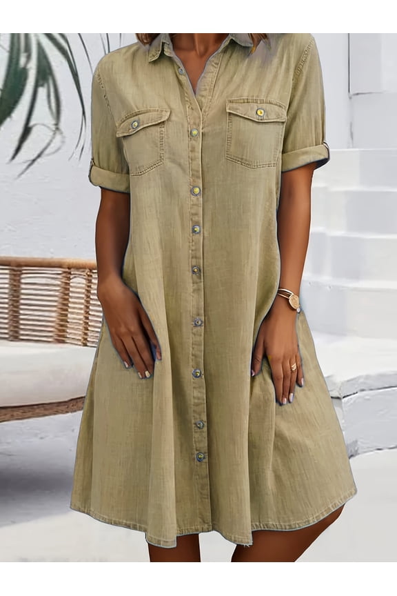 Women's Plus Size Lapel V Neck Rollable Short Sleeve Multi-Color Washed Denim Button Down Loose A-Line Mini Shirt Dress, Casual Vintage Denim Sundress With Chest Pockets