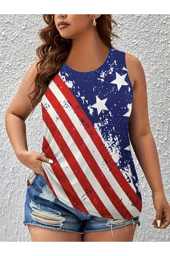 Women's Plus Size Round Neck Sleeveless Distressed American Flag Star Stripe Printed Casual Loose Tank Top, 4th Of July Independence Day Patriotic Vest Blouse