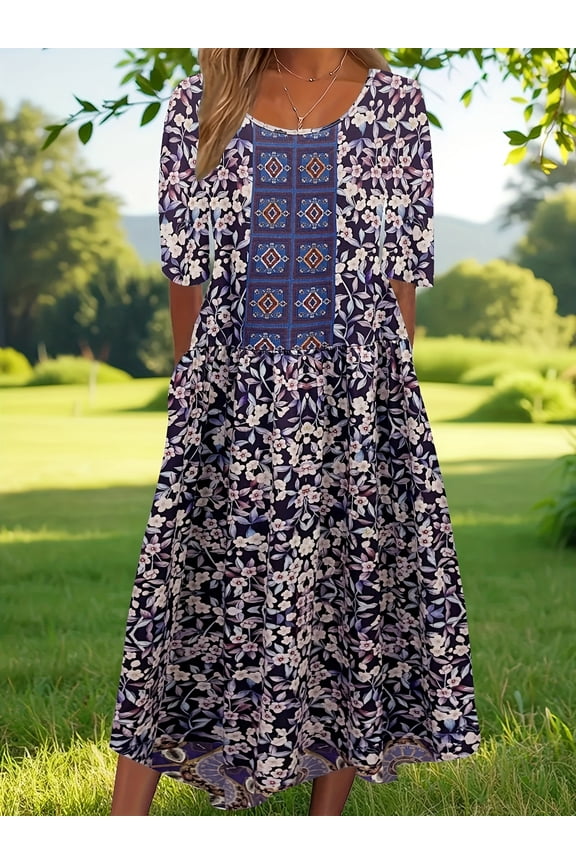 Women's Plus Size Short Sleeve Round Neck Midi Dress, Loose Fit Flowy A-Line Casual Dress with Pockets