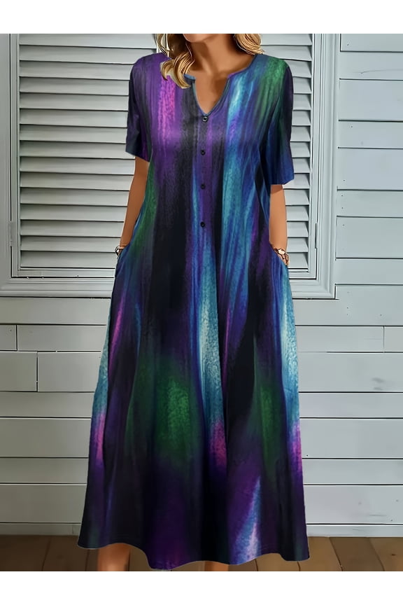 Women's Plus Size Short Sleeve V Neck Button Front Midi Dress, Loose Fit Flowy A-Line Casual Dress with Pockets