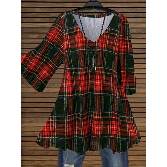 Nyfairy Women's Plus Size V Neck 3/4 leeve Plaid Print Loose Top