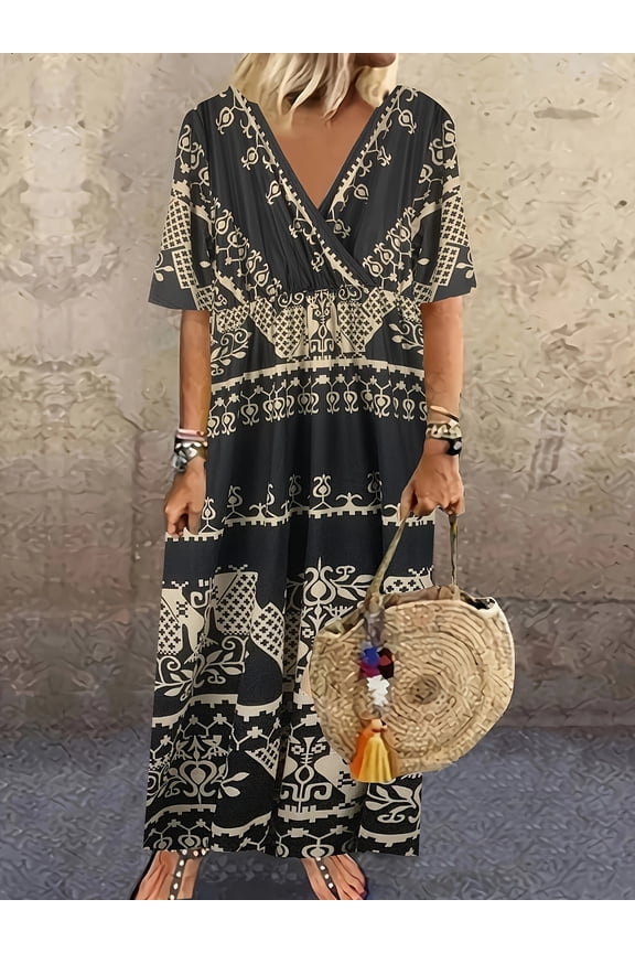Women's Plus Size Wrap V Neck Short Sleeve Tribal Geometric Printed High Waist Shirred Loose Bohemian Maxi Long Dress With Pockets