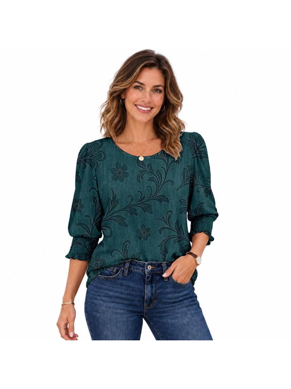 Women's Printed 3/4 Sleeve Blouse, Crew Neck Smocked Cuff Casual Loose Fit Top, S-5XL