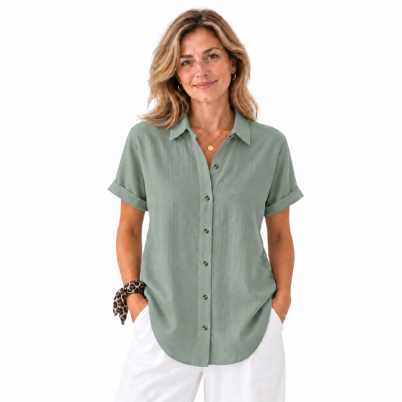 Nyfairy Women's Short Sleeve Button Down Shirt S-6XL, Loose Fit Collared Casual Blouse, Sage Green