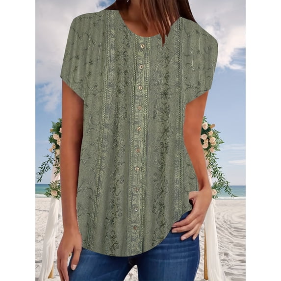 Nyfairy Women's Short Sleeve Casual Printed Button Blouse Top