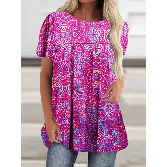 Nyfairy Women's Short Sleeve Casual Printed Button Blouse Top