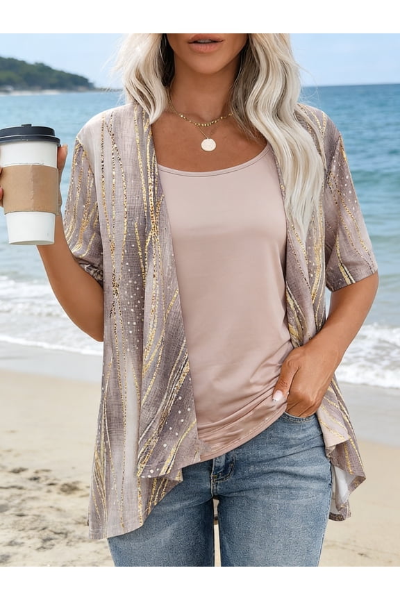 Women's Two Piece Outfit, Print Kimono Cardigan with Solid Tank Top Set