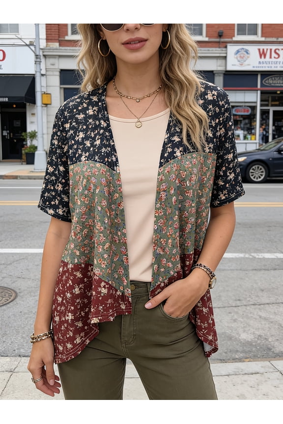 Women's Two Piece Outfit, Print Kimono Cardigan with Solid Tank Top Set