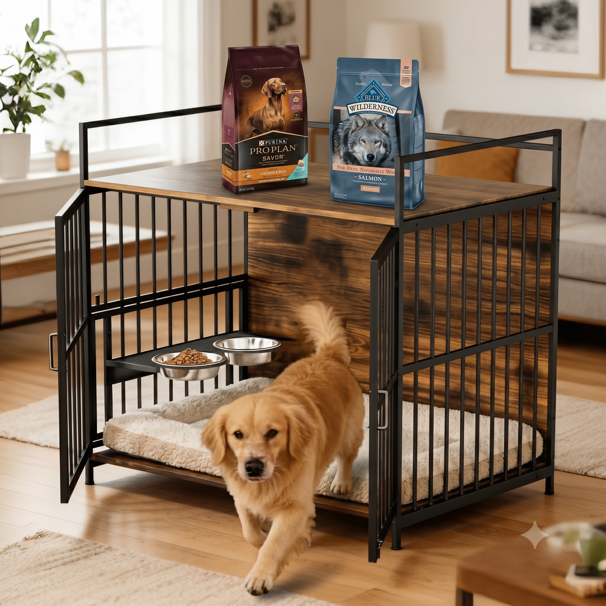 Nygira 41 Inch Dog Crate Furniture with 360° Rotatable Bowls, Wooden Kennel with Double Doors for Large Dogs, Indoor Pet House End Table, Rustic Brown