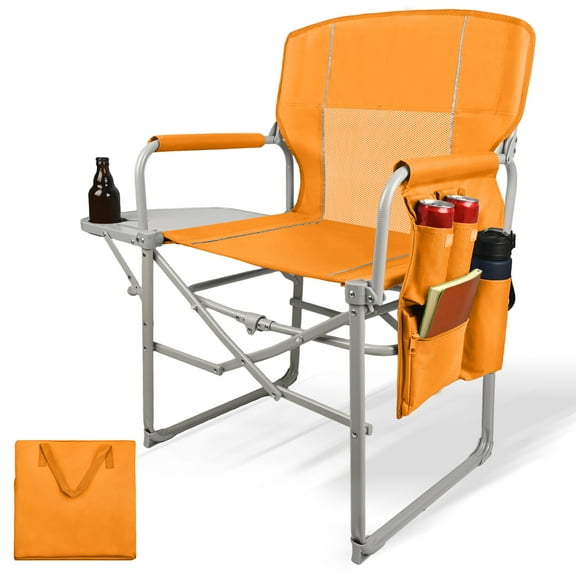 Nygira Camping Directors Chair, Heavy Duty Oversized Lightweight Portable Folding Outdoor Chair with Side Pocket for Beach, Fishing, Trip, Picnic, Lawn & Concert, Orange