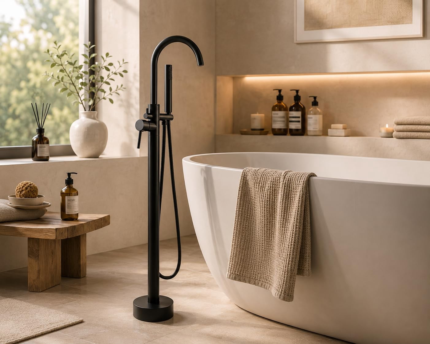 Nygira Freestanding Bathtub Faucet with Handheld Shower, Floor Mount Tub Filler, Bathroom High Flow Solid Brass Construction, Matte Black