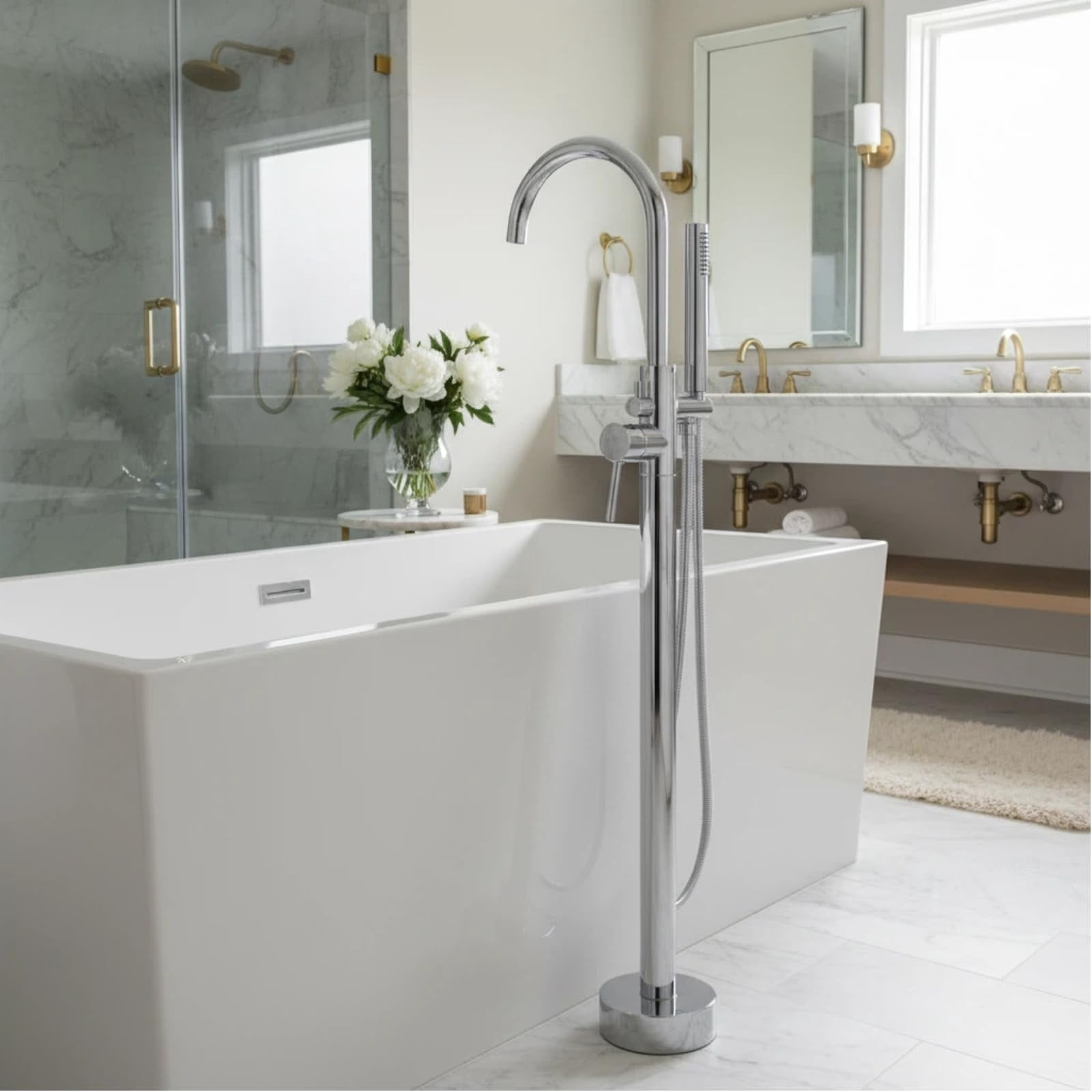 Nygira Freestanding Bathtub Faucet with Handheld Shower, Floor Mount Tub Filler, Bathroom High Flow Solid Brass Construction, Silver
