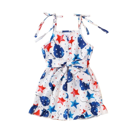 Nygoyerh 12M-5T 4th of July Little Girls Romper Overalls Toddler Sleeveless Stars Print Tie-Up Straps Jumpsuit Kids Independence Day Shortall Playsuit for Summe