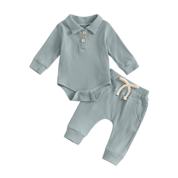 Nygoyerh 2-Piece Baby Boys Ribbed Set 3M 6M 12M 18M Button Long Sleeve Playwear Lapel Neck Romper with Drawstring Pocket Long Trousers Newborn Infant Outfits