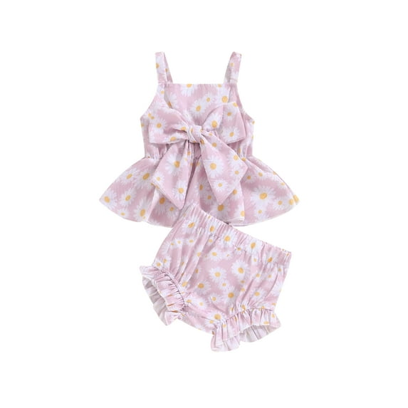 Nygoyerh 3M 6M 9M 12M 18M Baby Girls Summer Cute Outfits Daisy Print Sleeveless Bow Decor Cami Tops with Ruffle Trim Shorts 2Pcs Infant Toddler Casual Shorts Sets